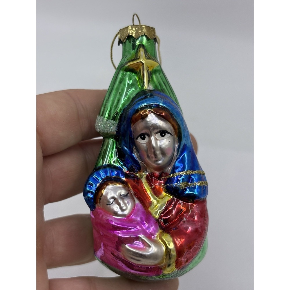 Madonna & Child Mother  Mary Baby Jesus Blown Glass Christmas Ornament 4" Tree